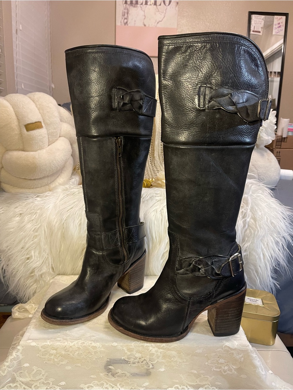 Freebird by Steven “OG” Braxton Leather Knee-High Boots in Distressed Black